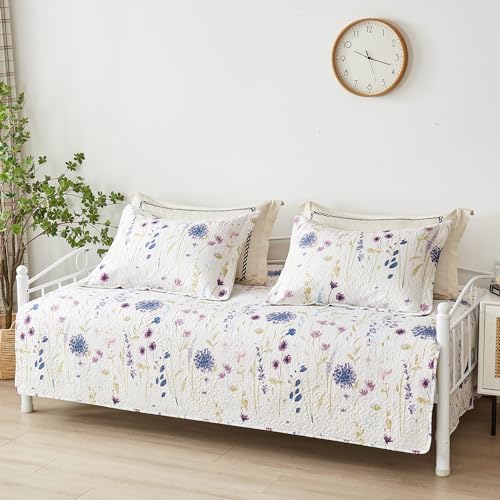 Image of Jarson 3 Pcs Floral Daybed Cover Set Twin Size Purple White Flower Sofa Cover Bedding Sets Double Side Bed Set for All Season Botanical Pattern Daybed Quilt Set with Pillow Shams
