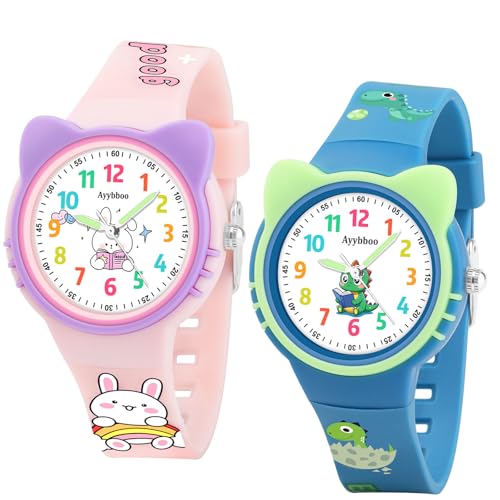 Cat Analog Watch for Girls Boys Toddler, Learning Time and Easy to Read, 30M Waterproof Children Quartz Wristwatches, Cute Telling Time Hand Watch with Cartoon Soft Strap Age 5-12