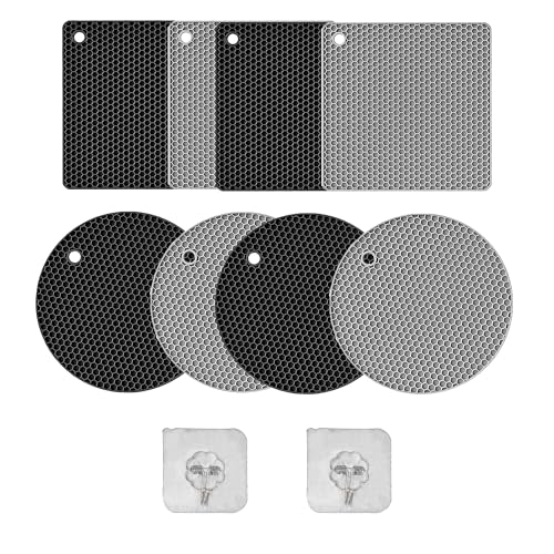 8 salvamanteles de silicona con ganchos, aptos para lavavajillas, para utensilios de cocina (negro y plata)