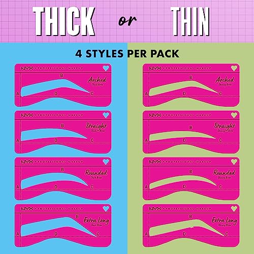 NYX Professional Makeup Brow Stencils for Thick Eyebrows Set of 4 Templates: Round, Straight, Arched and Extra Long, Zero to Brow - Image 2