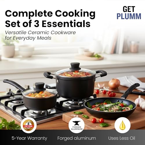 Image of Get Plumm Non-Stick Ceramic Cookware Set of 5 | Cooking Pot, Sauce Pot & Kadhai, Fry Pan, Sauce Pan | 24-20-16cm |Induction & Gas Compatible | Black
