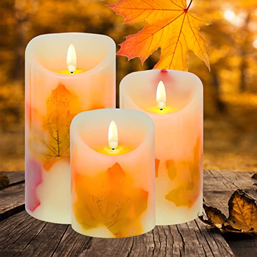 Aveki Led Candle Lights, 3 Pcs Flameless Candles Light Warm White Battery Operated Electric Led Moving Wick Flickering Maple Leaf Candle Lights With Remote Timer For Decoration Wedding #TOP1