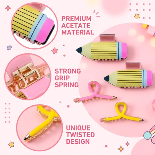 Set de 4 pinzas para cabello diseño lápiz escolar miniatura 3