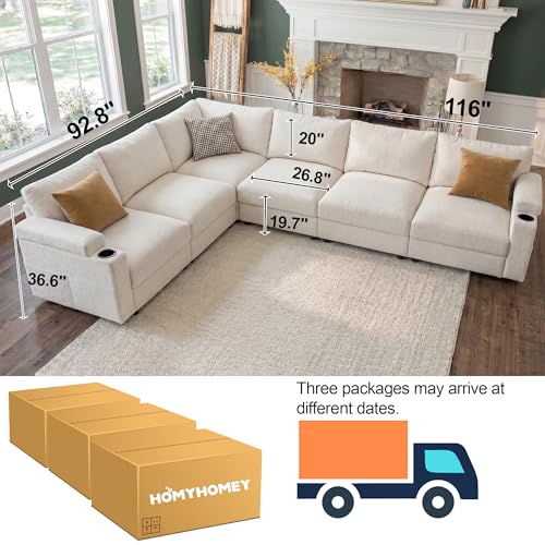 Image of Sectional Couches for Living Room FSC Certified Chenille Modular Couch Oversized Cloud U Shaped Convertible Sleeper Sofa Chaise Detachable Armrest Cushion (Chenille Beige, L Shape 6 Seat)