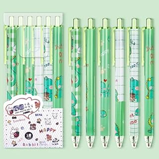 Cobee Pure Retractable Gel Ink Pens, 6pcs Cartoon Kawaii School Pens, Fine Point, Needles Tips, Black Ink 0.5mm Pens for Writing Journaling Taking Notes (Dinosaur Style)