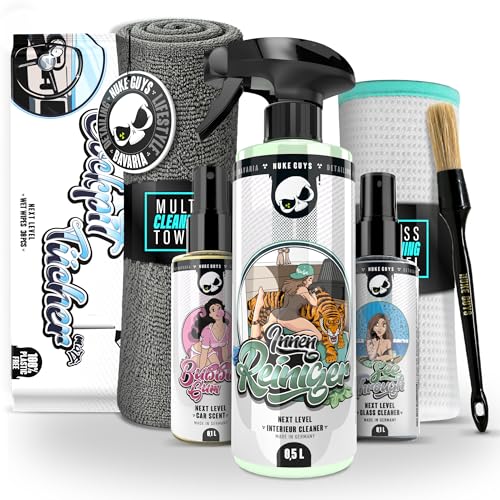 Nuke Guys Auto Reinigungsset Innenraum | Innenraumreiniger + Glasreiniger + 1x Fenstertuch + Auto Duft + Cockpit Tücher Matt + 1x Detailing Pinsel + 1x Mikrofasertuch | Autopflege Set