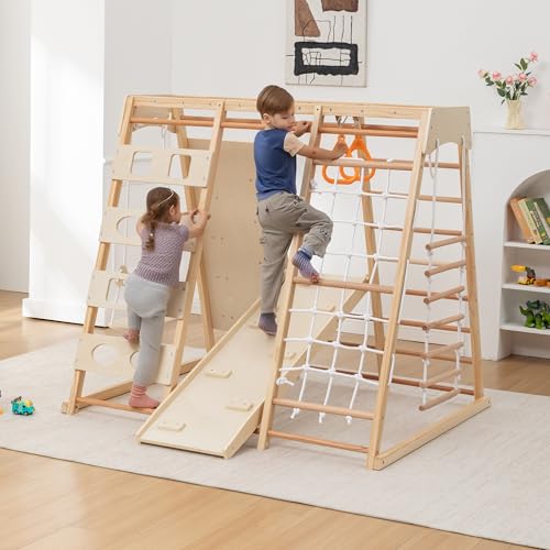Image of 9-in-1 Toddler Indoor Jungle Gym & Playground Set, Wooden Climbing Toy with Slide, Swing, Climbing Net, Rings - Montessori-Inspired Kids Playset for Indoor Fun & Development, Ages 3-8