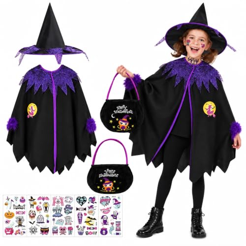 Halloween Hexenkostüm Mädchen 4er - mit Hexenhut Süßigkeitentüte Umhang