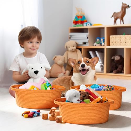 Image of WILLITAT Orange Basket for Gifts Empty, 13 inchx 9 inchx 5 inch Small Woven Gift Basket with Bag and Ribbon, Cotton Rope Dog Cat Toy Bin Box, Cute Baby Nursery Organizer, Decorative Storage with Handles, Orange