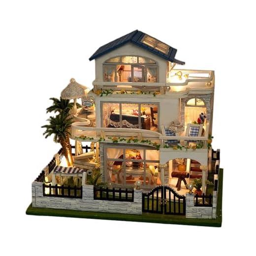 Kit De Casa En Miniatura Hecho A Mano - Maqueta De Villa De Madera 3D con Iluminación LED - Sets de Artesanía Hechos a Mano para Niños, Niñas, Jóvenes, Mujeres, Familia, Adolescentes y Amigos