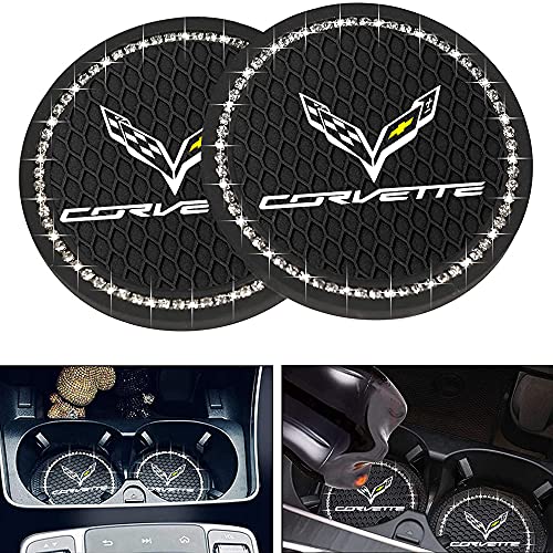 2 Pcs for Corvette Car Cup Holder Insert Coaster Interior Accessories,2.75 Inch Silicone Anti Slip Bling Crystal Rhinestone Car Coaster for Corvette All Models (Bling Corvette)