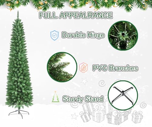 Image of 878 Tips Artificial Pencil Christmas Tree, 7ft Pure Xmas Pine Trees with Metal Stand Perfect for Christmas /Parties /Holiday Indoor Outdoor Decorations