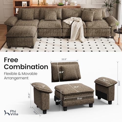 Image of PHI VILLA Cloud Modular Couch Sets, 157.5 inch Oversized Sectional Sofa with L-Shaped Chaise, 5-Seater Upholstered Couches with Movable Ottoman for Living Room, Chenille Grayish Brown