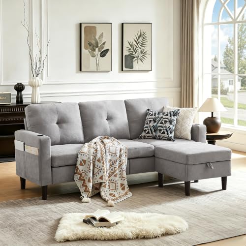 Pingliang 80-Inch Convertible Sectional Sofa with Ottoman, Light Grey | Three-seat, 80-inch L-shaped sofa with soft fabric and a movable ottoman for flexible lounging in small spaces