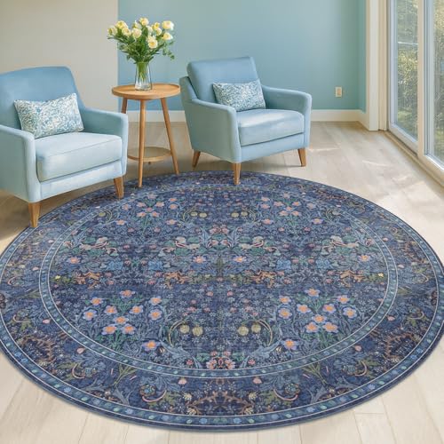 Washable Round Area Rug for Living Room, Soft Round Rugs 6ft Non Slip with Rubber Backing, Vintage Large Circle Carpet for Bedroom Kitchen Nursery, Dark Navy Blue Oriental Floral Décor