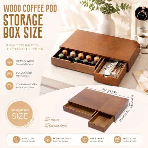 Fiwochic 1 Pack Wooden Pod Holder Drawer Coffee Box,Triple,Wood color - 1