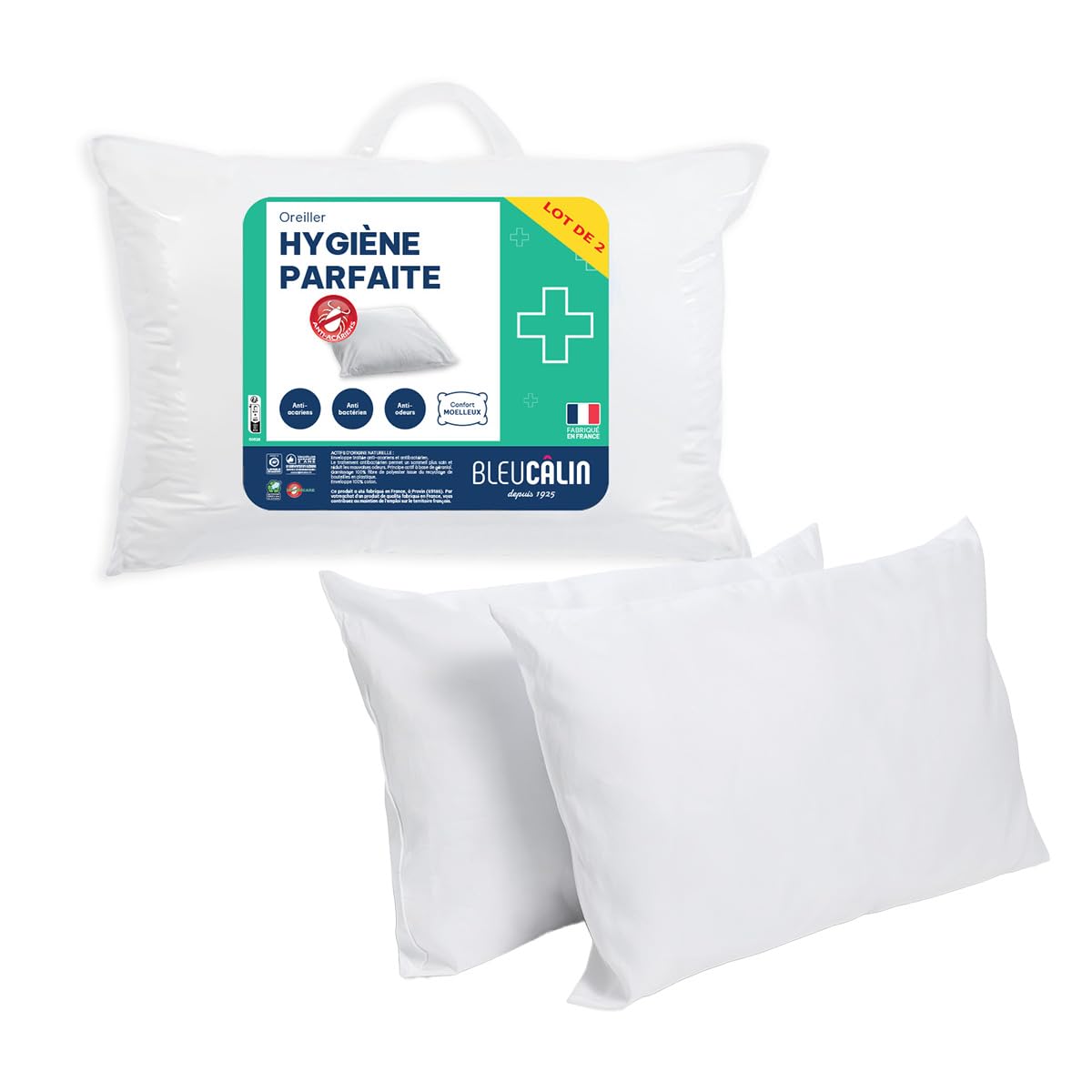 Bleu Câlin Lot de 2 Oreillers Rectangulaires Anti-Acariens, Anti bactériens, Confort moelleux, 45x70 cm, Enveloppe 100% coton, gamme Hygiène Parfaite, Blanc