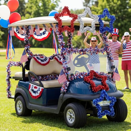 Image of 3 Pcs 4th of July Wreath for Front Door Patriotic Tinsel Wreath Star Tinsel Patriotic Garland Red White and Blue Garland for Memorial Day Independence Day Wall Window Home Party Supplies