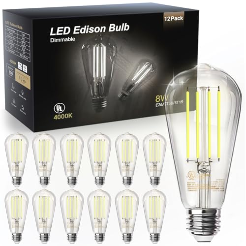 TJOY 12 Pack E26 Base Vintage LED Edison Light Bulbs, 60W Equivalent Dimmable, 4000K Natural White, 8W ST58 LED Filament Bulbs, 800Lumens, CRI80+, Antique Glass Style for Home, Bedroom, Farmhouse
