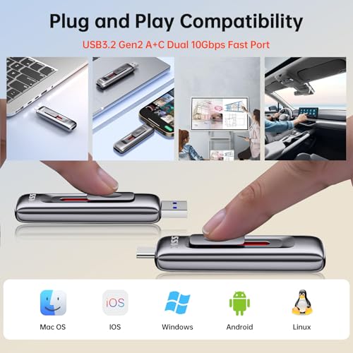 Image of SSK 256GB Flash Drive SSD External, Push-Pull USB Drive up to 1000MB /s Dual Head, Thumb Drive-USB SSD Memory Stick for iPhone 15 /16 /17, Android, Tablet, Win& Mac Zinc Alloy