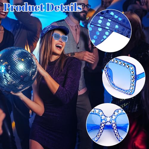 Yotako 2Pcs Glitter Abba Hat Blue Abba Accessories Women with Sequins Hat Bling Sunglasses Disco Costume Set Abba Fancy Dress Costume Accessories for Women Theme Party Birthday Dance - Image 3