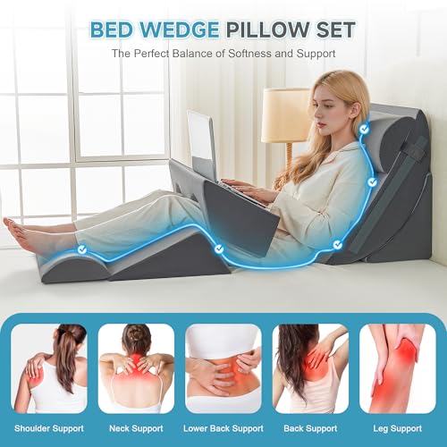 Image of Yojoker Wedge Pillow Set for After Surgery, Bed Wedge Pillow for Sleeping | 6PCS Orthopedic Post Surgery Pillow for Back Leg Pain Relief, Adjustable Foam Support Pillow for Acid Reflux Relief Grey