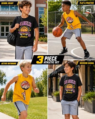 Image of Pro Athlete Boys Active Shorts Set - 3 Piece Athletic Dry Fit Graphic Tees Tank Tops and Basketball Shorts for Boys
