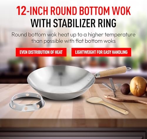 Helen's Asian Kitchen Round Bottom Wok Set, Carbon Steel and Bamboo, 12-Inches, 4-Piece Set - Thumbnail 4