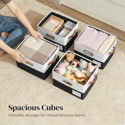 Image of PRANDOM Storage Bins with Lids [3-Pack] Linen Fabric Foldable Storage Boxes Organizer Containers Baskets Cube with Cover for Bedroom Closet Office Black & White（11.4X8.6X6.7