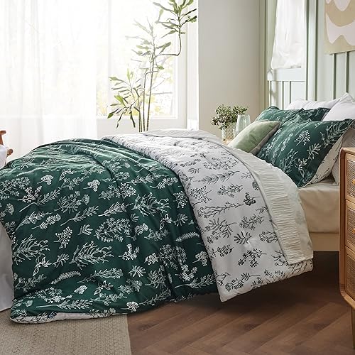 Image of Bedsure King Comforter Set - Dark Green Bed Set, 3 Pieces Cute Floral Bedding, 1 Soft Reversible Botanical Flowers Comforter and 2 Pillow Shams