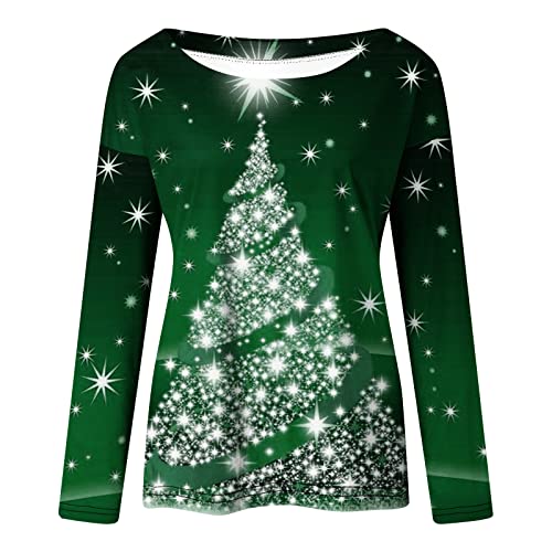 Christmas Shirts For Women Shiny Xmas Tree Print T-Shirt Long Sleeve Casual Tops Holiday Scoop Neck Blouse Fall Tees #TOP3
