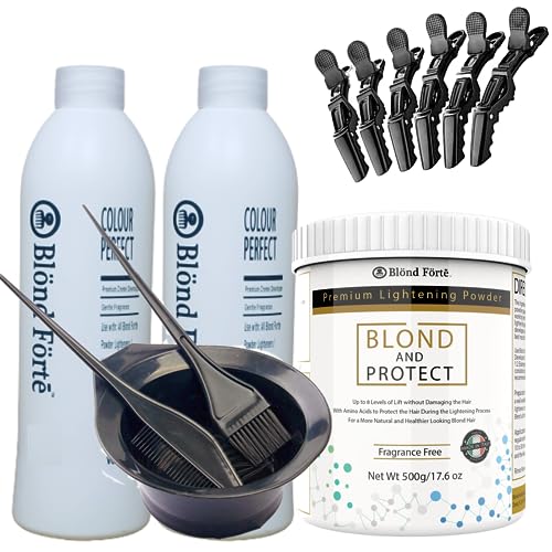 1 Lbs/17 Oz Tub Blond And Protect Premium Hair Lightener 8+ Levels + 13.5 Oz/400 ml Developer Volume & Hair Coloring Brush (Bundle - 5 items) (20 Volume White Powder)