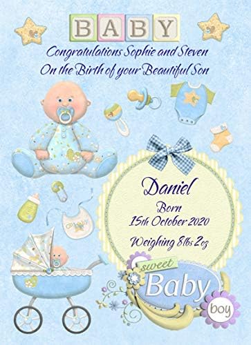 Personalised Baby Boy New Born Congratulations Greeting Card (Parents Names, Baby Name, Birth Date, Birth Weight)