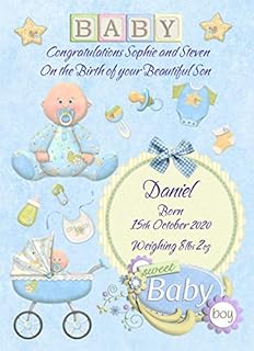 Personalised Baby Boy New Born Congratulations Greeting Card (Parents Names, Baby Name, Birth Date, Birth Weight)