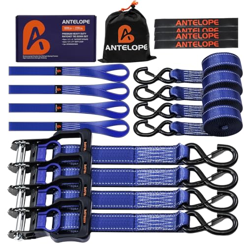A ANTELOPE Ratchet Tie Strap Set of 4-5250 LBS Breaking Strength, 1.5' x 8' Ratchet Straps with 4 Soft Rings, Coated S-Hooks, and Soft Padded Handles for Secure Motorcycles, Trucks, Trailers (Blue)