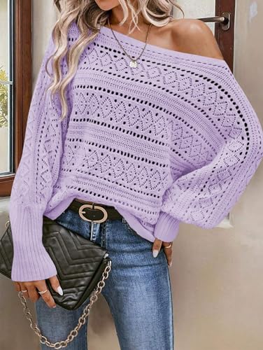 Image of Cakulo Womens Off Shoulder Sweater Top Fall Outfits Fashion 2025 Oversized Knit Batwing Long Sleeve Crochet Pullover Sweaters