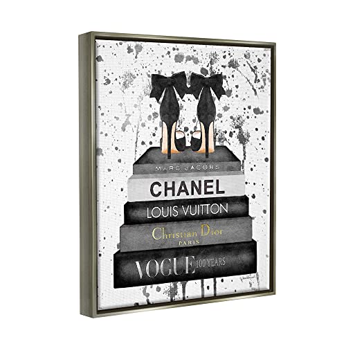Image of Stupell Industries Glam Fashion Book Stack Grey Bow Pump Heels Ink, Design by Amanda Greenwood, 24 x 30, Grey Floater Framed | Stupell Industries | Gray, 25 x 31 Inches, Easy to Hang and Sturdy, Made in USA, by Amanda Greenwood