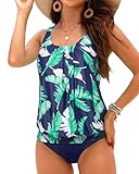 Yonique Blouson Trajes de baño Tankini para Mujer, Ajuste Holgado, Estampado Floral, Modesto, Trajes de baño de Dos Piezas, Hoja Verde Azul, XXL