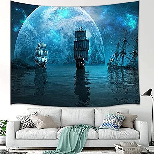 Miniatura 3 de Tapiz de pared para decoración de navegación de barco pirata, dos veleros y un enorme planeta azul en la noche de la galaxia mística, manta