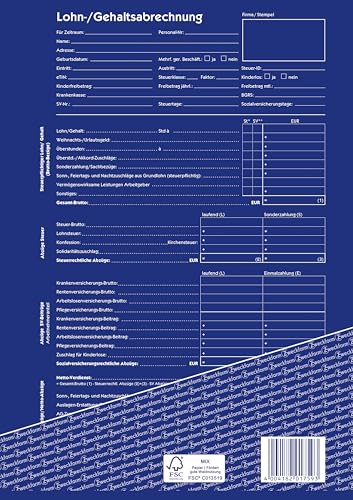 AVERY Zweckform 1759 Lohn-/Gehaltsabrechnung (A4, selbstdurchschreibend, für Deutschland, von Rechtsexperten geprüft und vom Finanzamt anerkannt, 2x40 Blatt) weiß/gelb