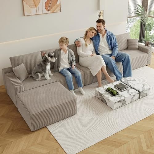 Image of Oversized Modular Sectional Sofa Couch, Large 6 Seater Corner Sofa Modern L Shaped Sectional Couch with Ottoman Cloud Couches for Living Room, Office, Spacious Space, Corduroy, No Assembly, Camel