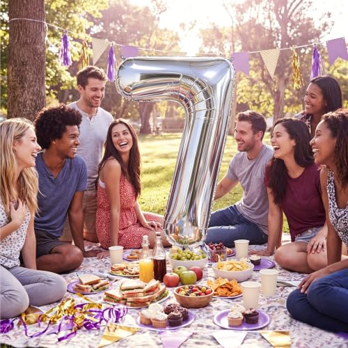 Image of Number Balloons Silver Party Balloon - Giant Number 7 Balloon, 40 Inch Large Balloon for Birthday Decorations, Silver Party Supplies for Anniversary