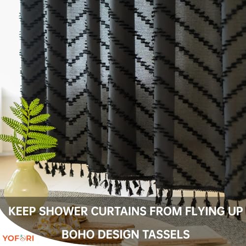 Yofori Black Shower Curtain Set for Bathrooms - Boho Fabric Curtain with Hooks for Wet Rooms, 183x183cm - Image 6