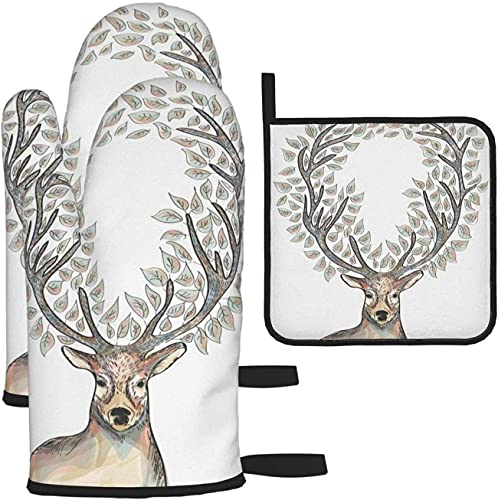 Jkkl Beautiful Reindeer Pattern，3Pcs Oven Mitts And Pot Holders For Kitchen,Cooking,Baking,Grilling,Bbq #TOP24