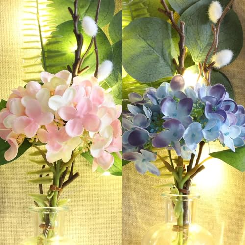 Image of Handmade Glass Wall Sconces with LED String Lights - Decorative Mason Jar Wall Decor with Hydrangea Bouquet - Perfect Housewarming Gift
