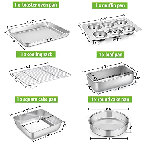 P&P Chef 6-Piece Small Toaster Oven Pan Set, Stainless Steel Bakeware Set, Toaster Oven Tray With Rack, Square/Round Cake Pan, Loaf Pan & Muffin Pan, Non Toxic & Easy Clean #TOP1