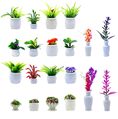 20 Pieces Dollhouse Potted Plants Miniature Artificial Tiny Bonsai Mini Model Flower Pot Fake Figure for 1:12 Doll House Garden Decorations Lovely Home Grass Greenery Ornament Play DIY (Flower Pot)