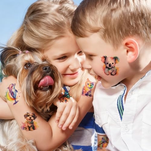 Tattoos für Kinder, 10 Blatt Wasserfarben Tiere Kindertattoos Hautfreundlich, Kleine Geschenke für Mädchen Junge ab 5 6 7 8 9 10 Jahre, Mitgebsel Kindergeburtstag, Geburtstag Party Give Aways