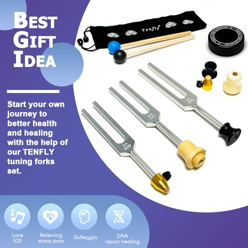 TENFLY Conjunto de diapasões Solfeggio – Diapasões prateados com 10 unidades para relaxamento corpor