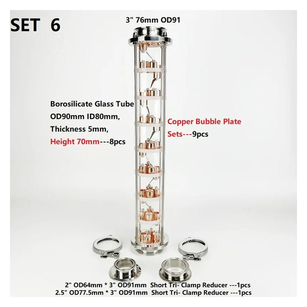 Ensemble De Colonnes De Distillation, Colonne De Distillation De 3"(76 Mm) avec 9 Plaques À Bulles en Cuivre for La Distillation, Colonne De Rectification en Verre De Haute Qualité À 9 Couches(Set 6)